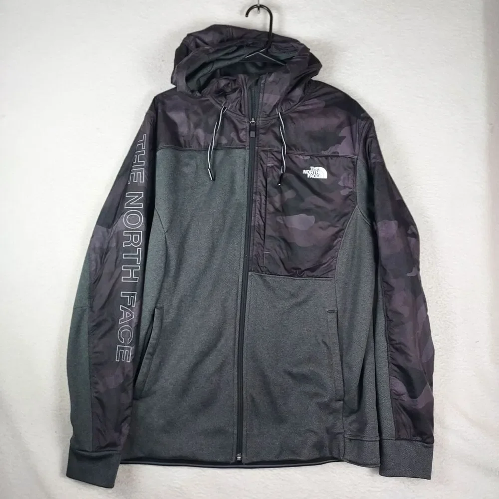The North Face Mens Large Full Zip Hooded Fleece Jacket Gray Black Camo Logo